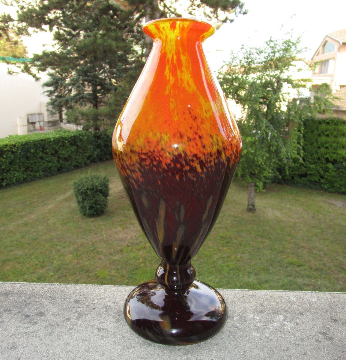Charles Schneider, Le Verre Français, Very Beautiful Art Deco Speckled Glass Diabolo Vase.-photo-2