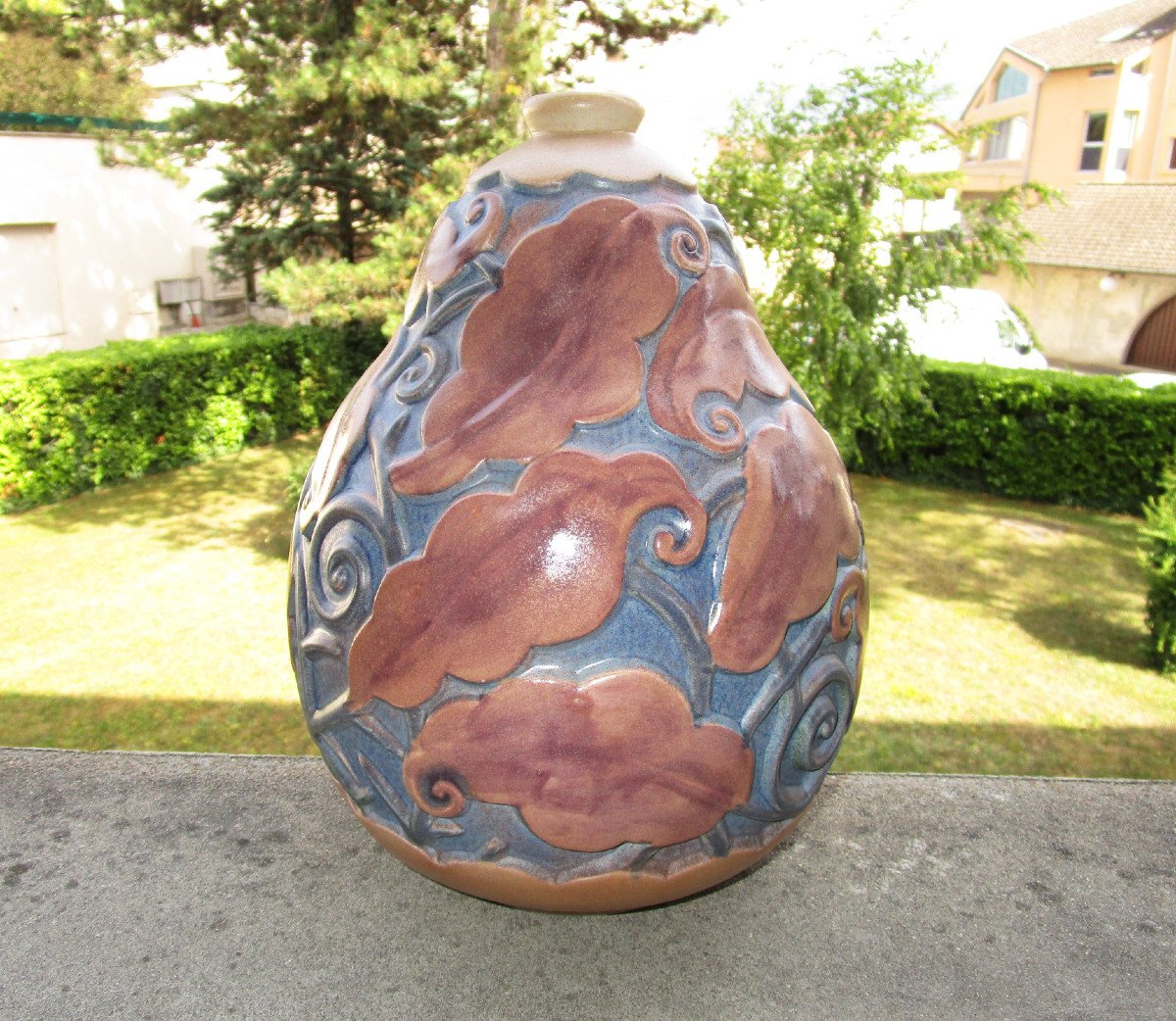 Mougin Nancy, Ventrillon, Very Beautiful Art Deco Sandstone Vase In Perfect Condition. Height: 27.5 Cm.-photo-2