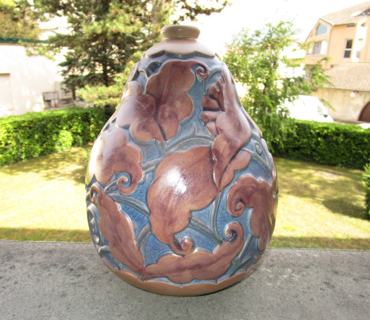 Mougin Nancy, Ventrillon, Very Beautiful Art Deco Sandstone Vase In Perfect Condition. Height: 27.5 Cm.-photo-3