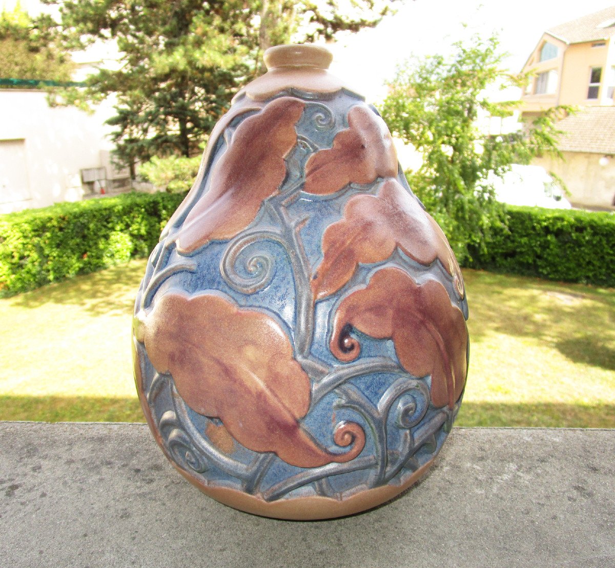 Mougin Nancy, Ventrillon, Very Beautiful Art Deco Sandstone Vase In Perfect Condition. Height: 27.5 Cm.-photo-1