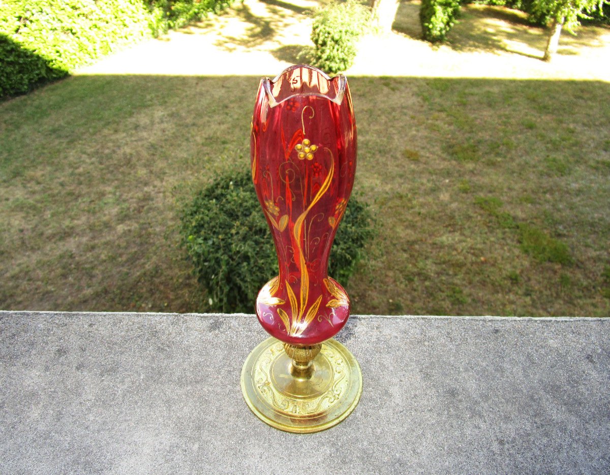 Ancien Superbe Vase Tulipe Art Nouveau En Bronze Et Verre émaillé Rehaussé à l'Or Fin.-photo-3