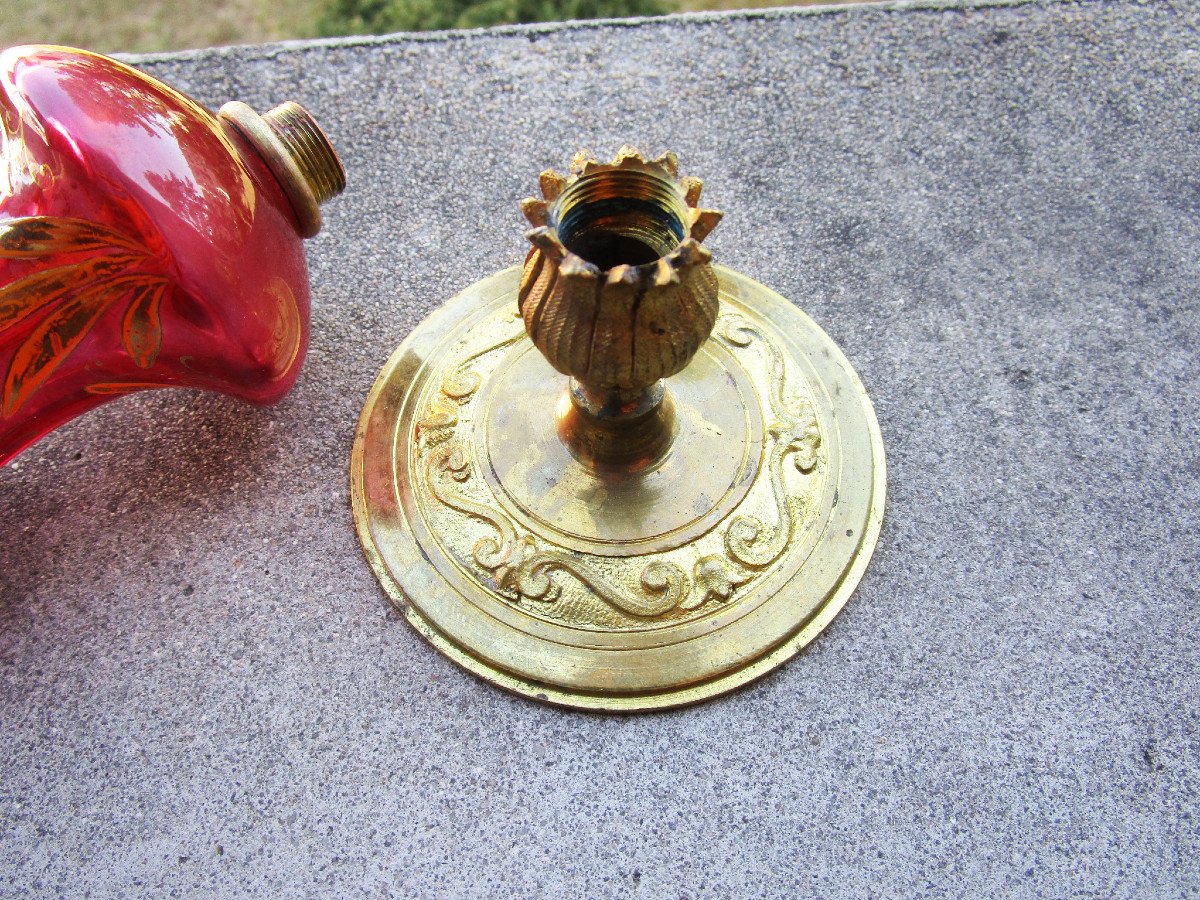 Ancien Superbe Vase Tulipe Art Nouveau En Bronze Et Verre émaillé Rehaussé à l'Or Fin.-photo-1