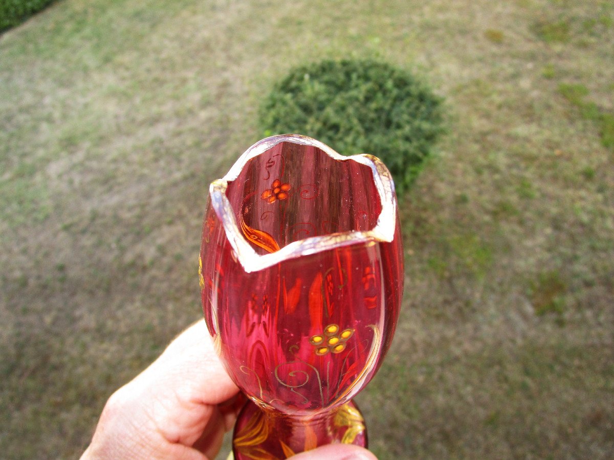 Ancien Superbe Vase Tulipe Art Nouveau En Bronze Et Verre émaillé Rehaussé à l'Or Fin.-photo-5