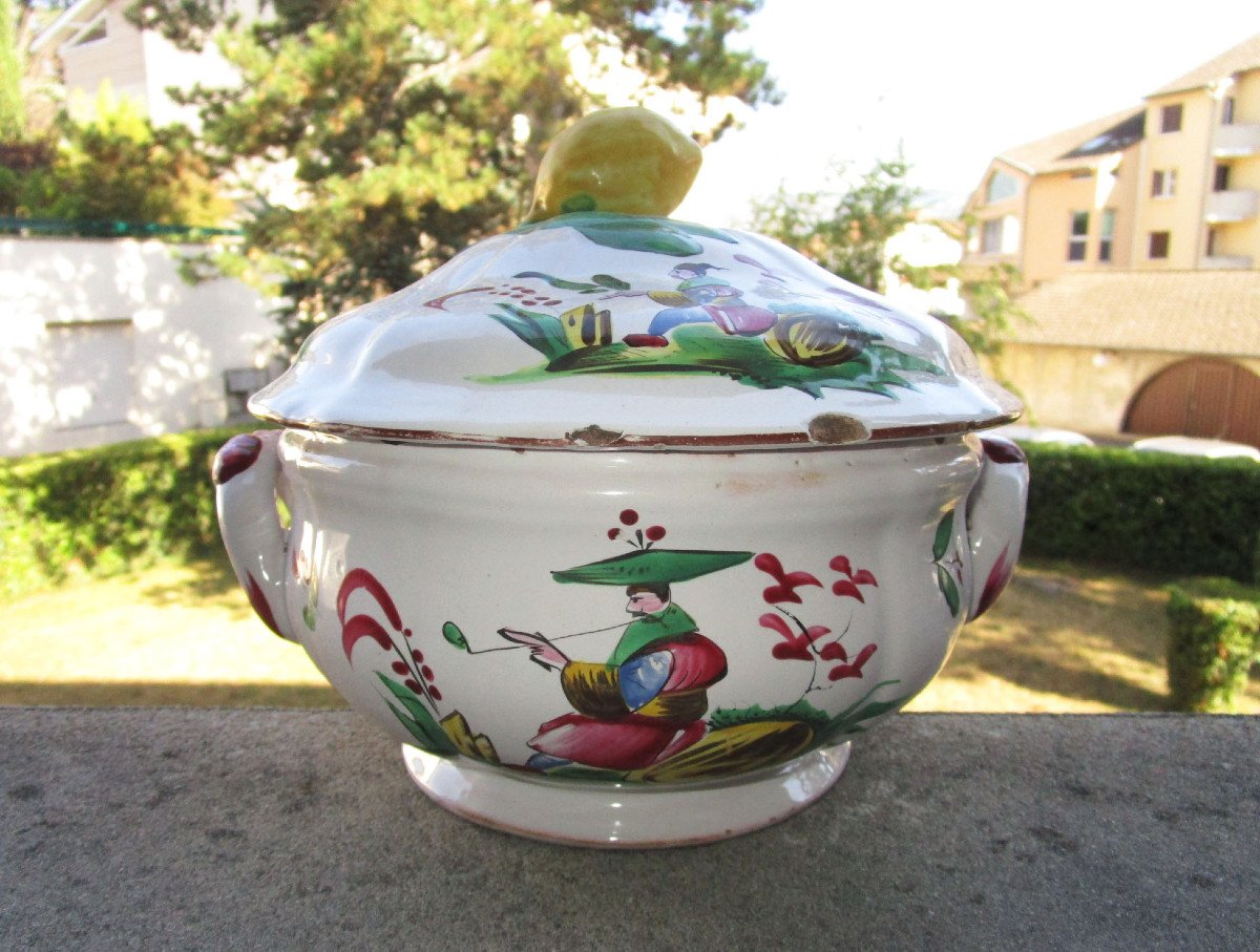 Very Beautiful Tureen Or 18th Century Terrine In Islettes Earthenware, Four Chinese Decor.-photo-3