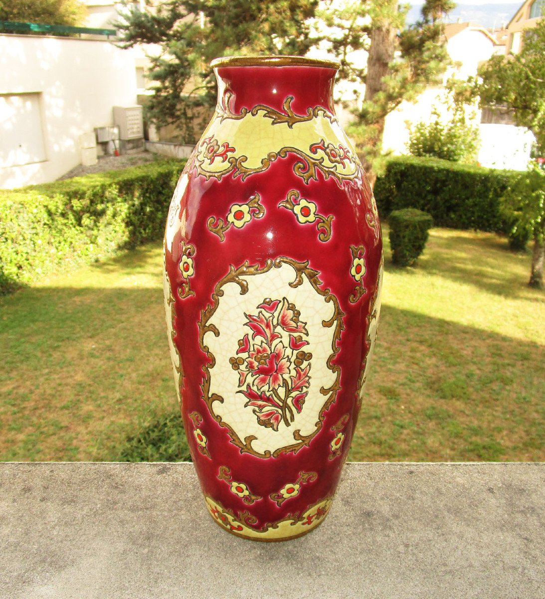 Old Superb Large Vase In Longwy Enamels 33 Cm. Decor Plaisance Creation Of Mp Chevallier.-photo-2