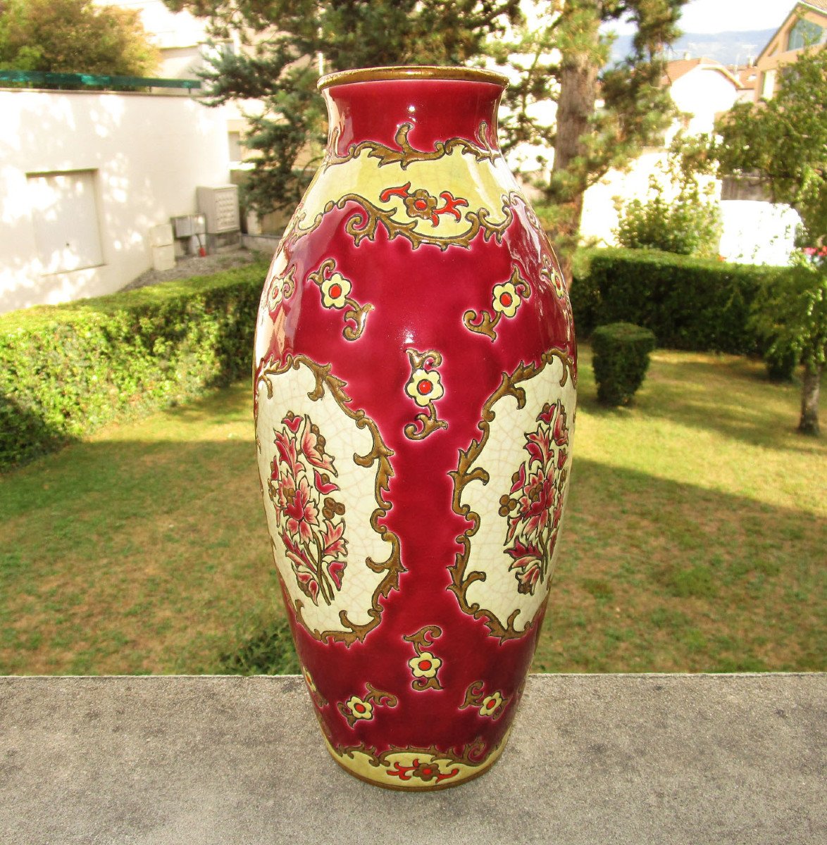 Old Superb Large Vase In Longwy Enamels 33 Cm. Decor Plaisance Creation Of Mp Chevallier.-photo-3