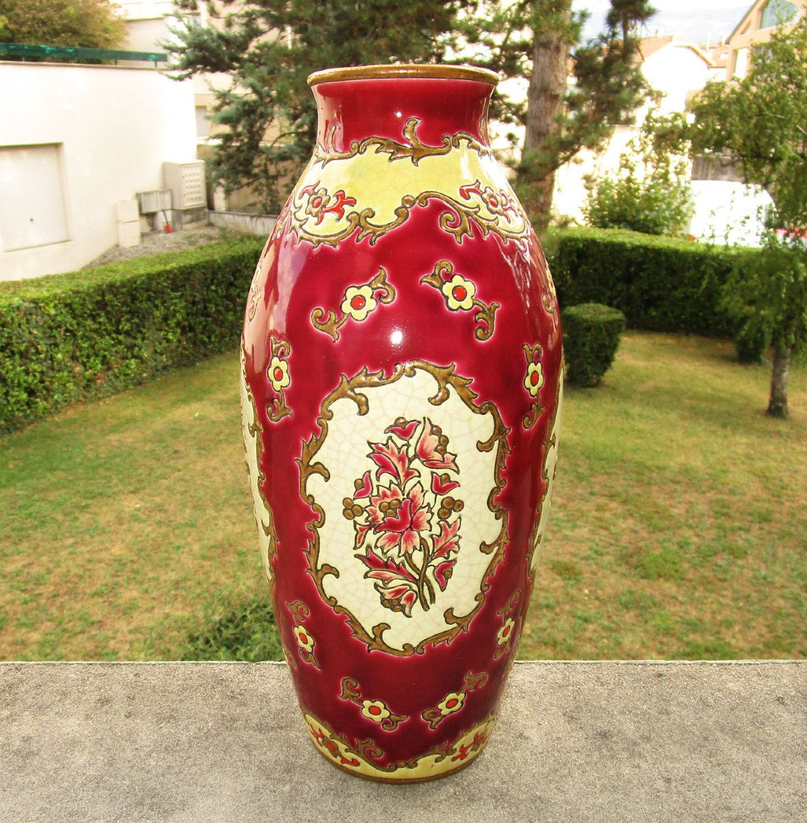 Old Superb Large Vase In Longwy Enamels 33 Cm. Decor Plaisance Creation Of Mp Chevallier.-photo-4