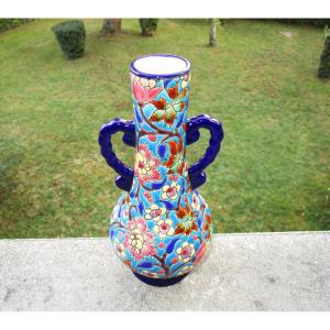 Ancien Superbe Vase à Anses En émaux De Longwy.  Hauteur : 21,5 Cm.