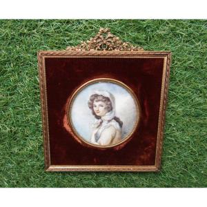Very Beautiful Miniature Portrait On Ivory Signed, Young Woman, Painting, Louis XVI Bronze Frame