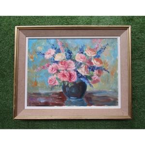 Superbe Tableau Bouquet De Fleurs Roses Claire Olivier Tiberghien 1940 Tourcoing Roubaix Lille