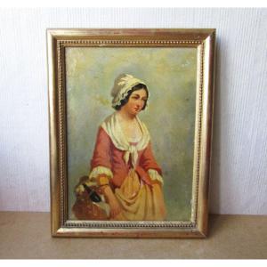 Antique Superb 19th Century Painting Napoleon III Young Peasant Girl Woman Oil On Paper Golden Frame