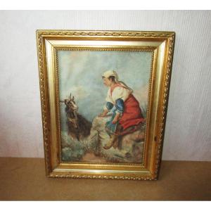 Superb Old Signed Painting, 19th Century Watercolor, Italian Shepherdess, Goat, Latium Rome Costume