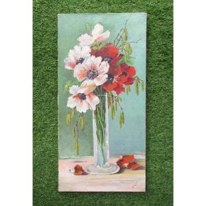Antique Very Beautiful Signed Painting, Bouquet Of Flowers, Poppies, Poppies, Art Nouveau, 1908.
