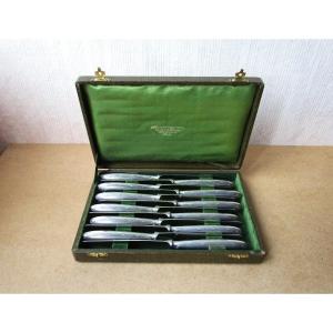 Christofle Complete Box Of 12 Small Dessert Knives Crossed Ribbons Model Good Condition