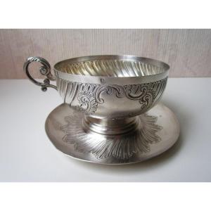 Very Beautiful 19th Century Chocolate Cup In Sterling Silver Minerva The Saucer Fits 312 Grams