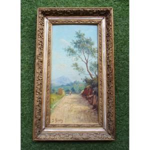 Very Beautiful Oil On Wood, Provençal Landscape Signed Berry, Framed Painting Circa 1880-1900.