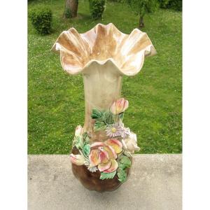 Antique Beautiful 19th Century Vase In Barbotine From Longchamp Decorated With Flowers Small Missings Sold As Is.