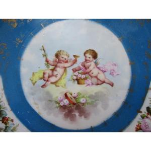 Very Beautiful 19th Century Porcelain Dish Cherubs Angels Multicolored Flowers Apocryphe De Sèvres Mark
