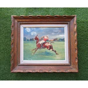 Very Beautiful Signature Painting To Identify Polo Player Poloist On Horseback Oil On Cardboard 1950