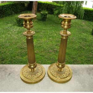 Very Beautiful Pair Of Candlesticks In Bronze And Brass Decorated With Flowers Restoration Period Circa 1820