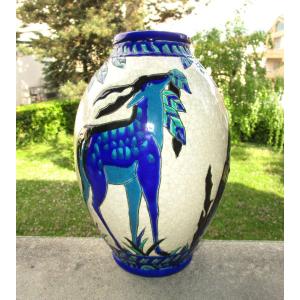 Charles Catteau Boch Kéramis, Very Beautiful Art Deco Vase With Biches, Decor 943, Height 27 Cm. 