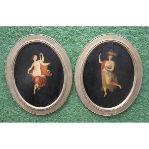 Two Beautiful Unsigned Oils On Paper, From The Early 19th Century, Circa 1800-1820 Bacchantes.