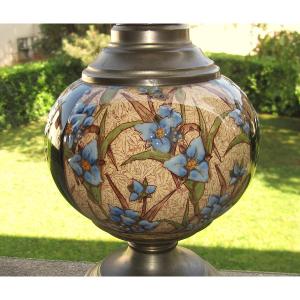 Beautiful Old Oil Lamp In Earthenware And Relief Enamels From Lunéville, It Works.