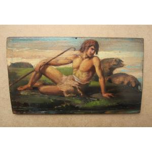 Pig Herder Oil On Wood 19th Century Corsica? Man With Bare Torso Painting Sold Without Frame