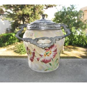 Antique Théodore Legras Biscuit Bucket Or Jar With Art Nouveau Enamelled Flower Decoration.