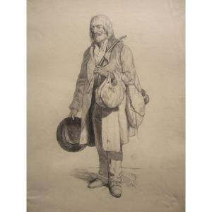 Dessin au crayon encadré sous vitre, vagabond mendiant clochard école française tableau XIXe
