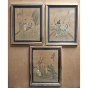 Trois belles peintures, aquarelles et encre sur soie, Chine vers 1920-1940, tableaux chinois.