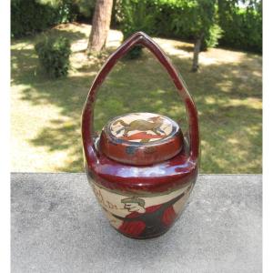 Louis-etienne Desmant Covered Pot In The Shape Of A Basket Bayeux Tapestry Art Nouveau Ceramic