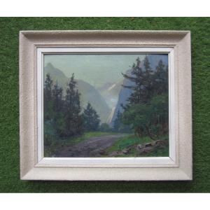 Hippolyte Mouthier Grenoble, Le Bourg d'Oisans Vallée du Vénéon tableau de montagne signé 1945.