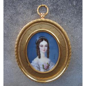 Très belle miniature sur ivoire signé Gamet Marie Duplessis Dame aux camélias cadre bronze doré