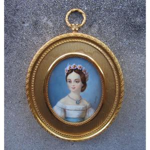 Miniature sur ivoire signé Gamet Reine Victoria de Kent cadre en bronze doré tableau portrait.
