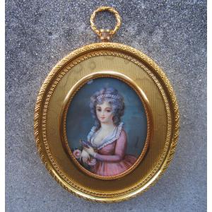 Très belle miniature sur ivoire signé Gamet, femme au tableau cadre en bronze doré portrait.