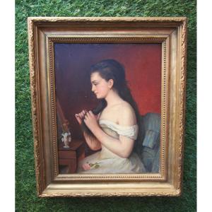 Jeune femme à la toilette huile XIXe sur panneau d'acajou tableau signé Grimaud et daté en 1890