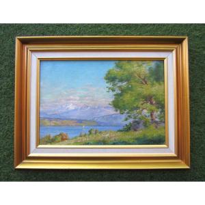 Very Beautiful Signed Oil On Canvas Painting Mont Blanc Seen From Chambéry Aix Les Bains, Lake Geneva.