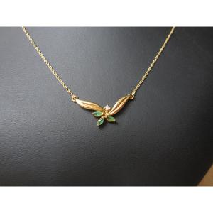 Very Beautiful Choker Necklace In Solid 18 Carat Gold 18k Emeralds And Diamonds, 4.50 Grams.