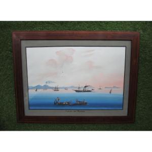 Belle et grande gouache napolitaine tableau italien 1850 Le Grand Tour Golfo di Napoli Naples.