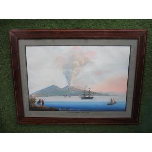 Beautiful Neapolitan Gouache Painting, Italian Scene, 1850, The Grand Tour, Eruption Of Mount Vesuvius, 1839, Naples