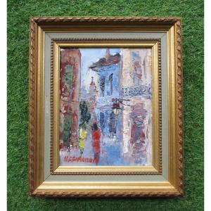 Henri Gilles Girardin, belle petite huile sur toile tableau signé et titré une rue, vers 1970.