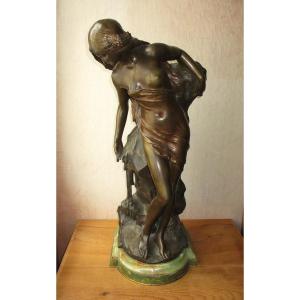 Large Art Nouveau Bronze Mathurin Moreau 1904 Jeune Femme à La Source, Onyx Base, 73 Cm.