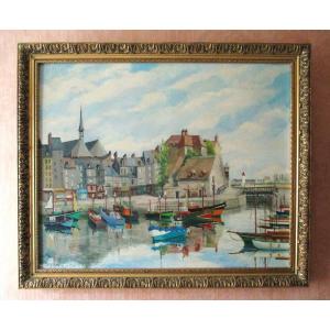 Claude Brequigny Honfleur Le port Calvados Normandie huile sur toile beau tableau signé marine.