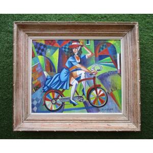 Isaac Kaplan, huile sur toile signée, tableau cubiste prêt à être posé. Jeune femme au vélo.