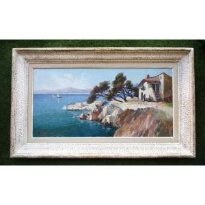 Joseph Colombini, Large Oil On Hardboard, Painting Titled “martigues Marseille Marine,” Signed Circa 1940.