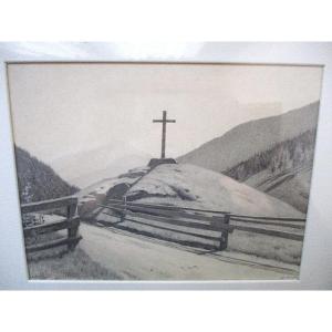 Étienne Rivier, dessin très fin à l'encre de Chine signé daté 1934 tableau de montagne Suisse.