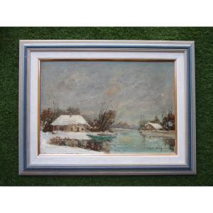 Charles Cuzin, très beau tableau paysage de neige à la barque montagne Savoie Aix les Bains.