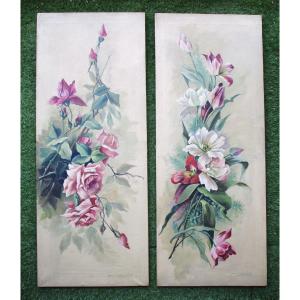 Pair Of Large Oil-on-canvas Flower Paintings, Signed, Art Nouveau Decorative Panels, 1900