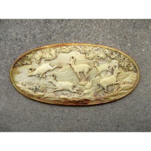 A Beautiful 19th- Or Early 20th-century Bone Plaque, Very Finely Carved With A Hunting Scene Featuring A Chamois; A Collector's Item.